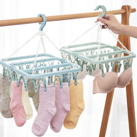 Porte-serviette pliable avec 32 pinces à linge, séchoir pour chaussettes, sous-vêtements et écharpes (bleu)
