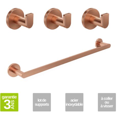 Porte serviette salle de bain 50cm et 3 Patères murale salle de bain  - acier inoxydable S.304 cuivré brossé - Fixation Collée ou Vissée
