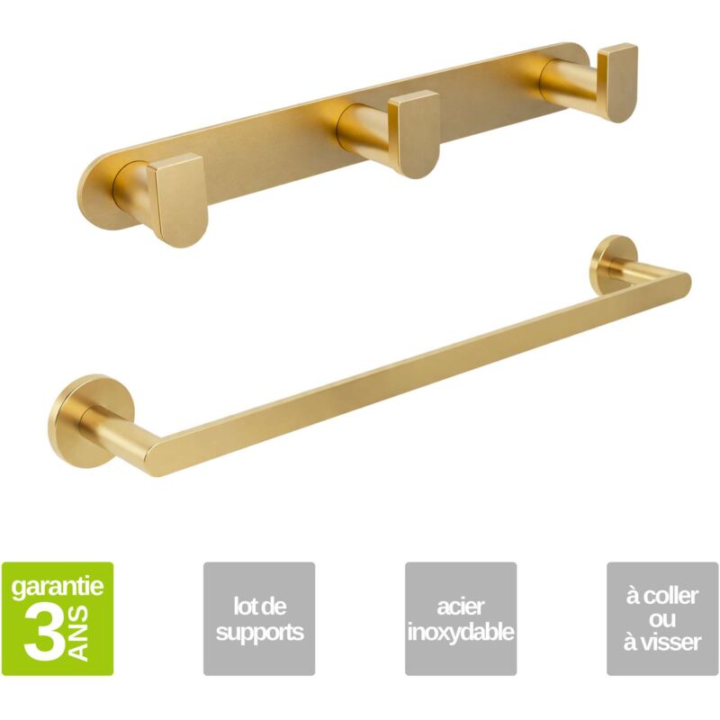 Porte serviette salle de bain 50cm et patère murale 25 cm - acier inoxydable S.304 or brossé - Fixation Collée ou Vissée