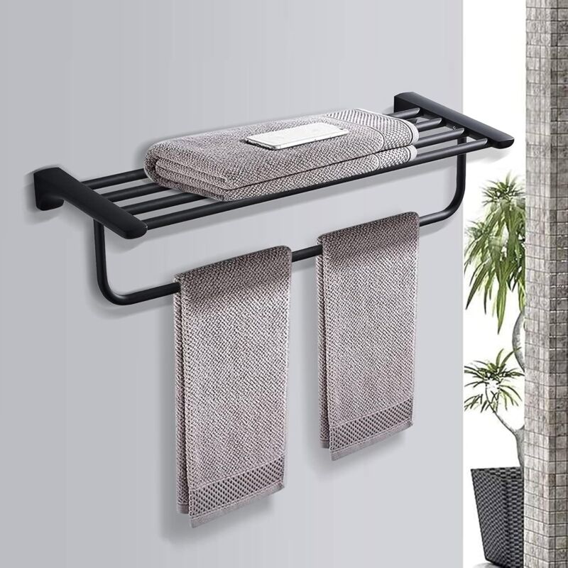 Mezheng - Porte Serviette Salle de Bain Noir Mural, Barres Porte-Serviettes,Porte-Serviettes de Salle de Bain ou Cuisine Etagere Murale Salle de