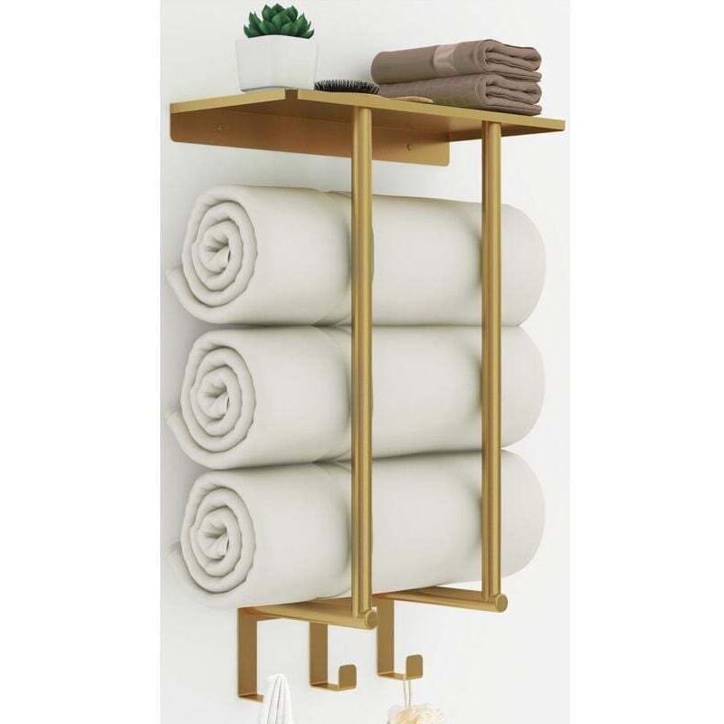 Porte Serviette Salle de Bain, Porte Serviette Murale Doré Mat Support Serviette Salle de Bain avec Étagère et 3 Crochet Métal Rangement Serviette