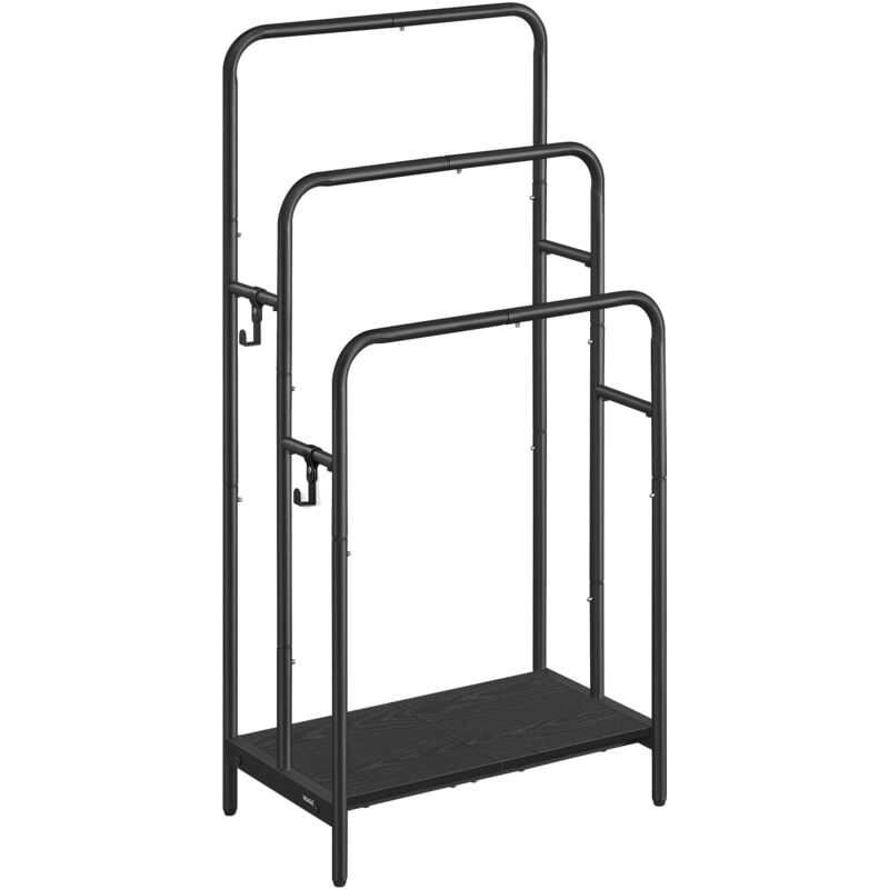 Porte Serviette Salle de Bain, Range Serviette, sur Pied, 3 Barres, 50 x 30 x 100 cm, 2 Crochets, Étagère de Rangement, Noir d’Encre et Noir Boisé