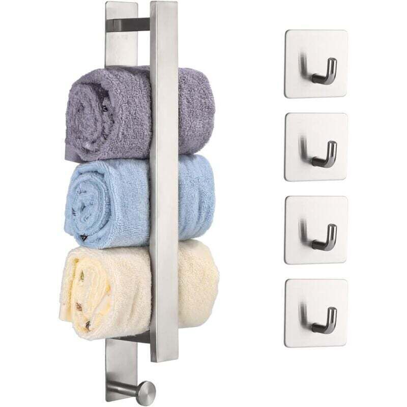 Porte Serviette Salle de Bain sans Percage 40cm avec 4 Crochets, Porte Serviette Adhesif Murale SUS 304 Acier Inoxydable, Support Serviette Salle de