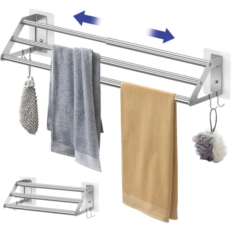 Porte Serviette Salle de Bain sans Percage, Porte-Serviettes Mural Porte Serviette Extensible 34.5-62cm, Porte-Serviettes Réglable sans Perçage,