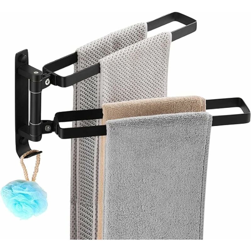 Aougo - Porte Serviette Salle de Bain sans Percage, Porte-Serviettes Murale en Acier Inoxydable 304 Deux Barres Pivotantes
