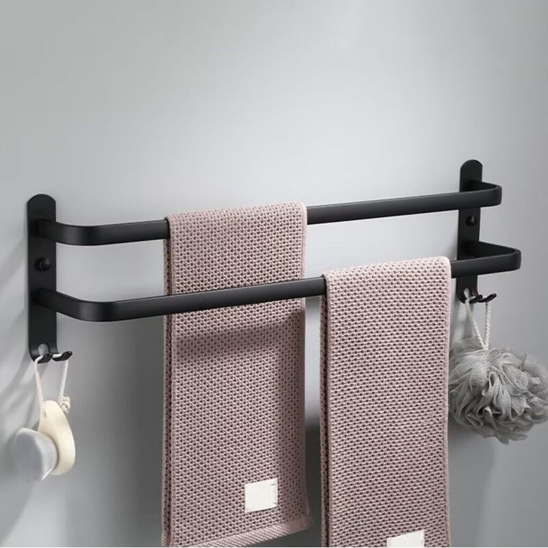 Porte Serviette Salle de Bain sans Percage Porte-Serviettes Murale Noir avec 2 Crochets Barre Serviette en Aluminium Cuisine Noir 2 Couches 40cm