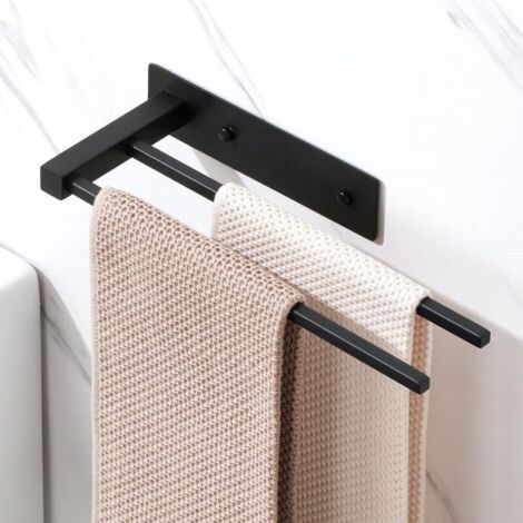 Porte Serviette sans Perçage Salle de Bain 30 CM, 2 Barre Porte Serviette Pratique, Support Serviette Mural en Acier Inoxydable pour Cuisine/Lavabo/Toilette, Perçage/Adhésif, Noir