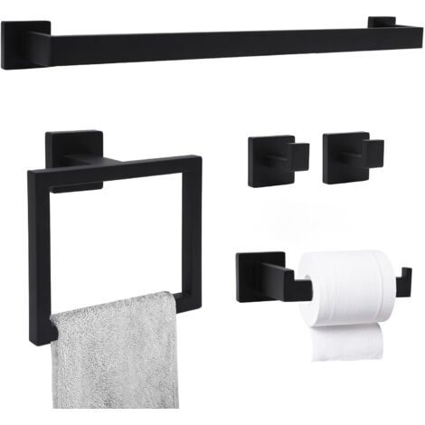 Porte Serviette Set de 5 Pièces, Accessoire Salle de Bain Métal Perçage, Murale Inclus Porte-Serviettes,Porte Papier Toilette,Crochet Porte-Serviettes et Crochet, Noir