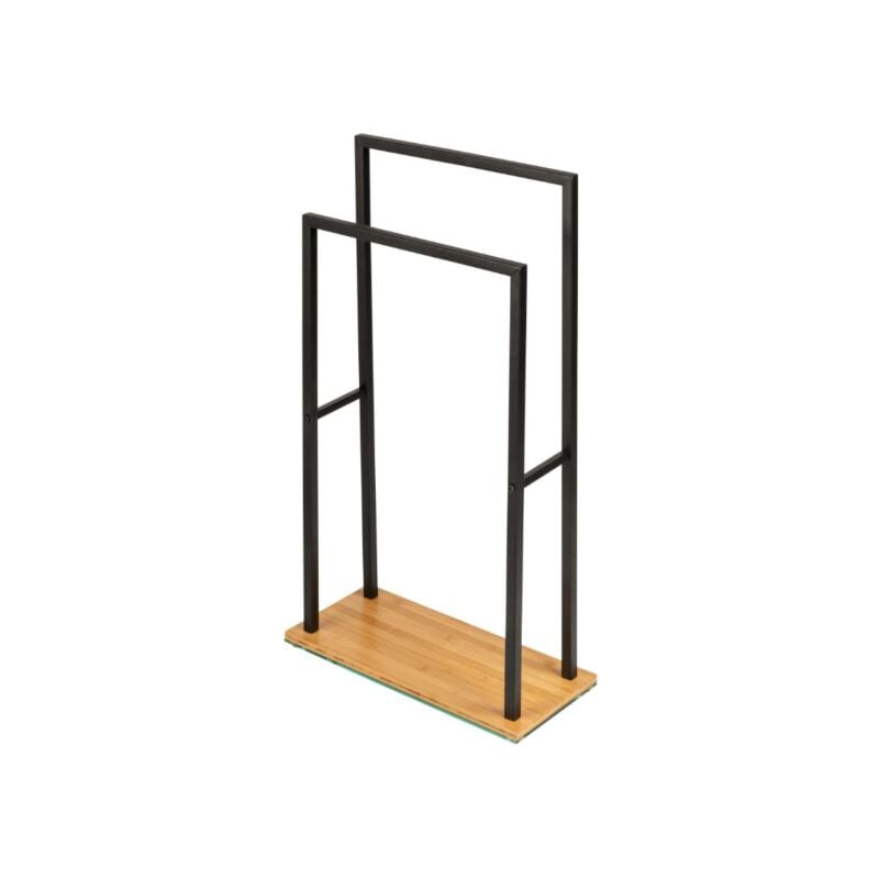 Wenko - Porte Serviette sur pied acier noir et base bois lestée en bambou, 2 portants, 46x20x80 cm - talla