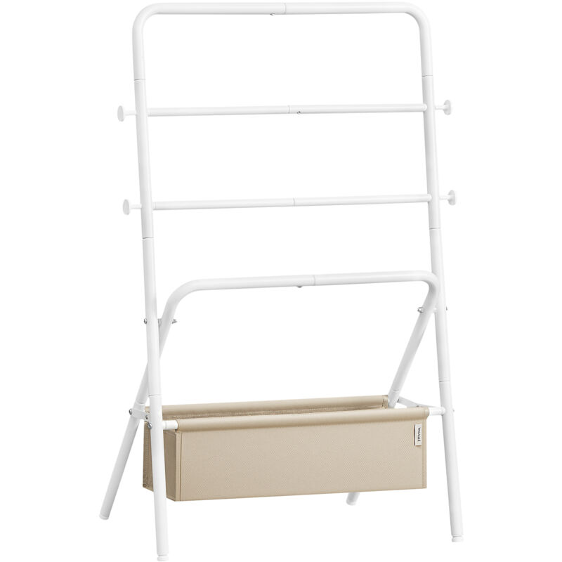 Vasagle - Porte-Serviette sur Pied, Échelle Salle de Bain, Pliable, 4 Crochets, Sac en Tissu, Hauteur 98,6 cm, Salle de Bain, Chambre, Salon, Blanc