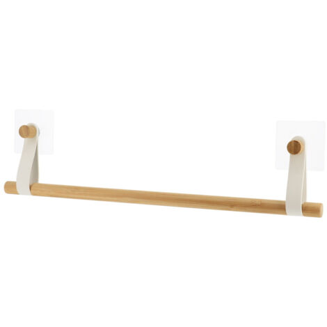 Porte-serviettes 1 barre en Bambou avec lanières Blanc mat en simili cuir sur sticker - TENDANCE