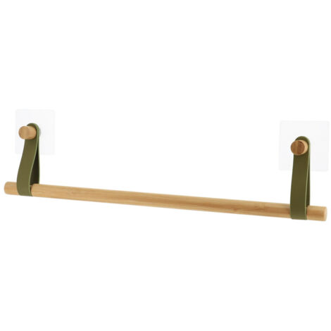 Porte-serviettes 1 barre en Bambou avec lanières Vert kaki en simili cuir sur sticker - TENDANCE