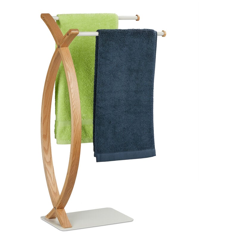 Relaxdays - Porte-serviettes, 2 barres espacées, non fixe, h x l x p : 79,5 x 42 x 28 cm, nature et blanc