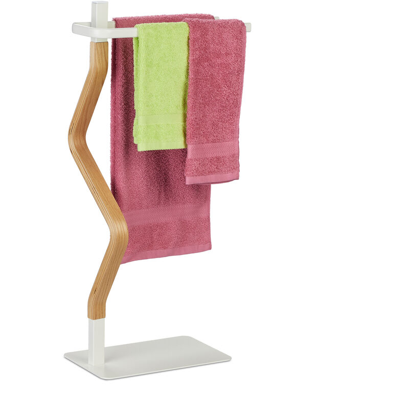 Relaxdays - Porte-serviettes, 2 barres, non fixe, acier et mdf, hlp : 78 x 40 x 20 cm, salle de bain, blanc et nature