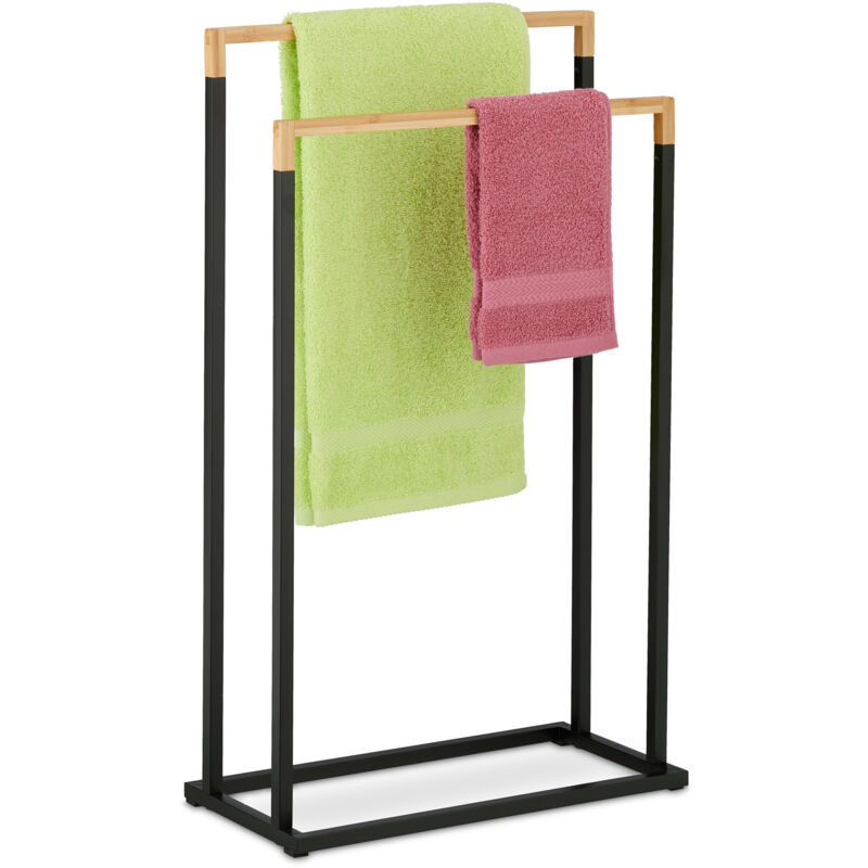 Relaxdays - Porte-serviettes, 2 barres, non fixe, pour la salle de bain, h x l x p : 76 x 45 x 21,5 cm, noir et nature