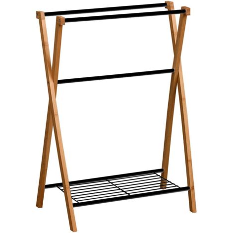 Porte-serviettes 3 Barres et 1 Tablette en Bambou et Métal Noir H 86 cm - TENDANCE