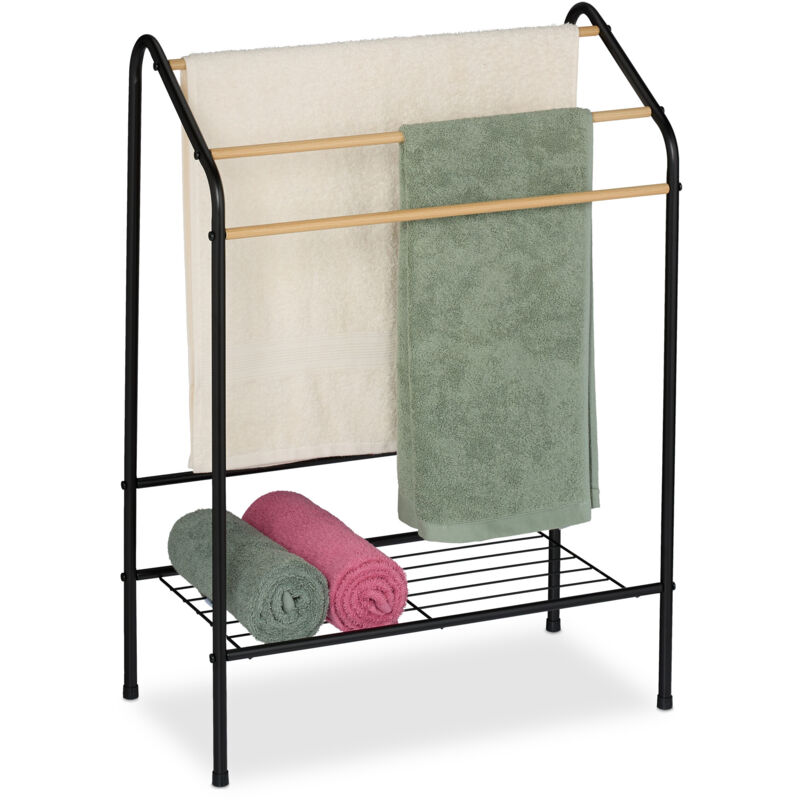 Relaxdays - Porte-serviettes, 3 barres, avec étagère, non fixe, HxLxP : 84,5 x 60,5 x 31 cm, noir et nature