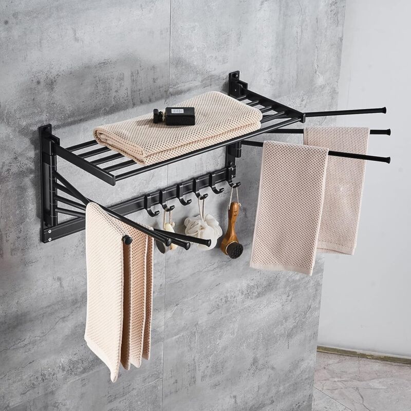 Senderpick - Porte-serviettes 40 cm - 7 bras pivotants - Rotation à 180° - En aluminium - Avec crochets mobiles - Pour buanderie, salle de bain,