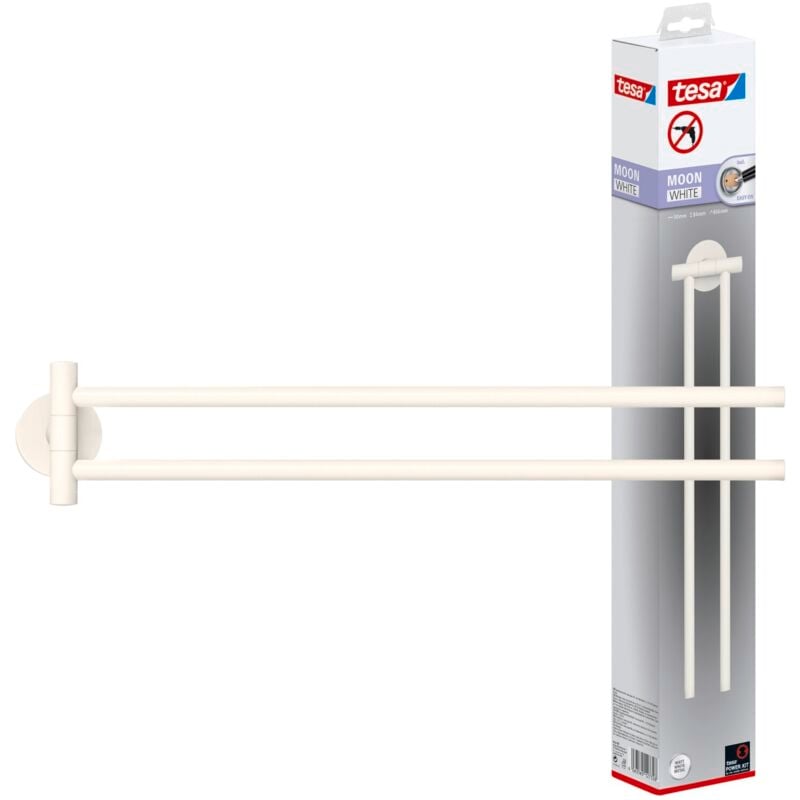 Tesa - moon white Porte Serviettes 2 Bras, Blanc Mat, Salle de Bains & wc - Salles de Bains Style Industriel et Modernes - Sans Perçage - 84 mm x 50