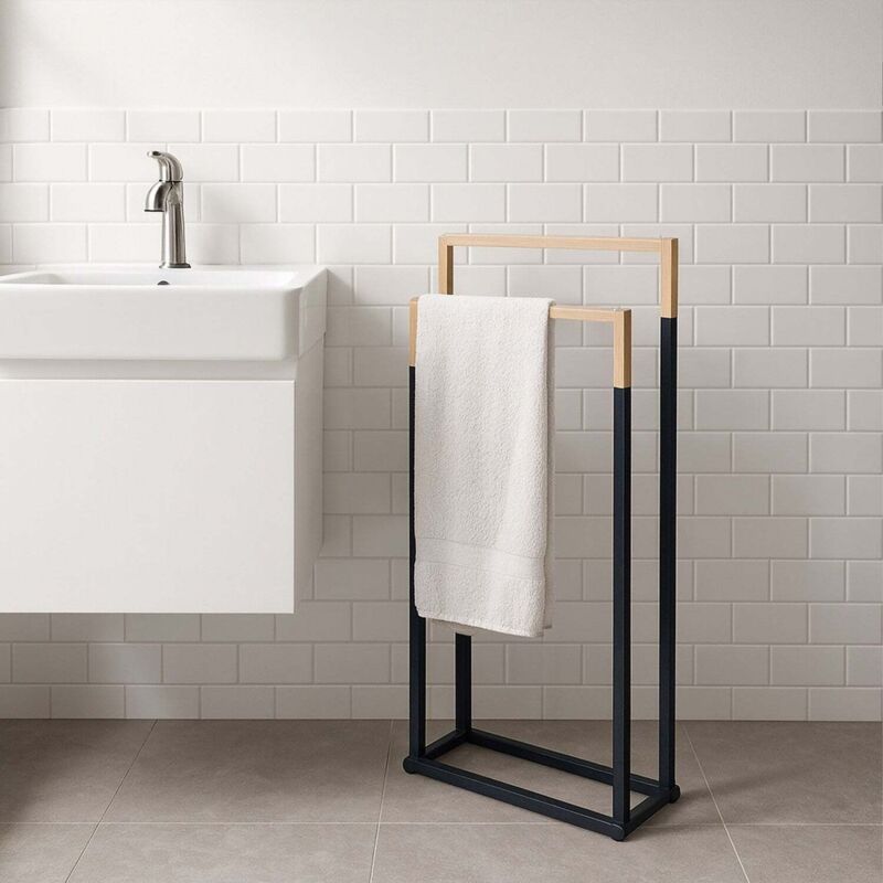 Porte serviettes a 2 barres - metal et bambou