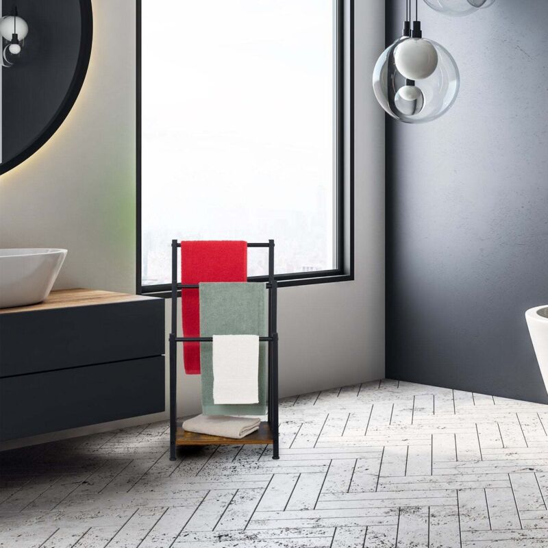 Porte serviettes a 3 barres et etagere effet bois