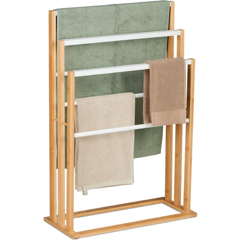 Porte-serviettes à 6 barres, en bambou, non fixe, h x l x p : 82 x 55 x 24 cm, salle de bain, nature et blanc - Relaxdays