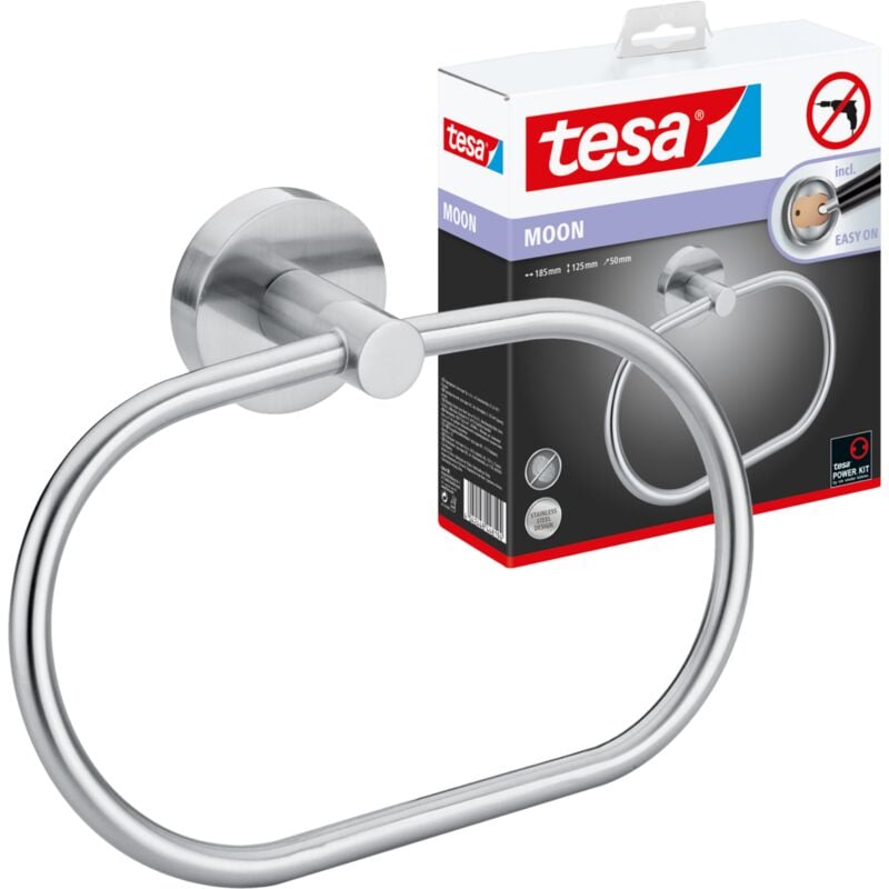 Tesa - Moon Porte-serviettes anneau, acier inoxydable look, adhésif, technologie sans percer, 53 mm x 184 mm x 130 mm