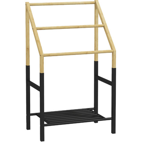 Porte-serviettes au sol 3 barres bambou acier avec étagère inférieure, 51x31x85.5 cm, noir et bois, design moderne pour salle de bain, rangement vertical.