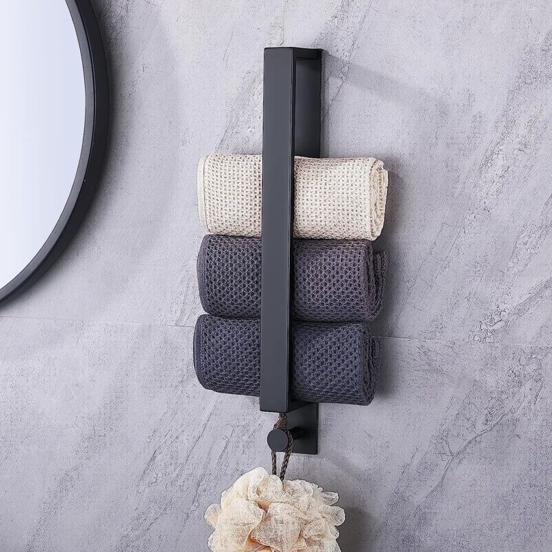 Porte-Serviettes Auto-Adhésif sans Perçage en Acier Inoxydable pour Salle De Bains - avec Crochet - Noir 40 cm