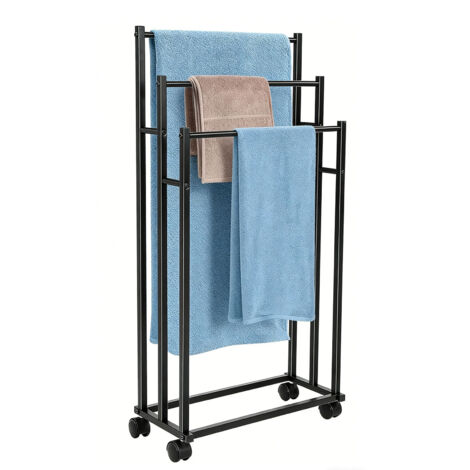 Porte-Serviettes autoportant, Range-Serviettes avec 3 Barres roues, Support Salle de Bain, Étagère de Rangement, pour Serviettes de Bain et Accessoires Idéal à Côté de la Douche Baignoire ou Lavabo