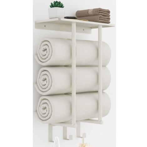 Porte-serviettes avec étagère et 3 crochets, en métal blanc, pouvant contenir 3 grands draps de bain ou une couverture.