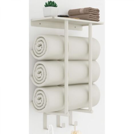Porte-serviettes avec étagère et 3 crochets, en métal blanc, pouvant contenir 3 grands draps de bain ou une couverture.