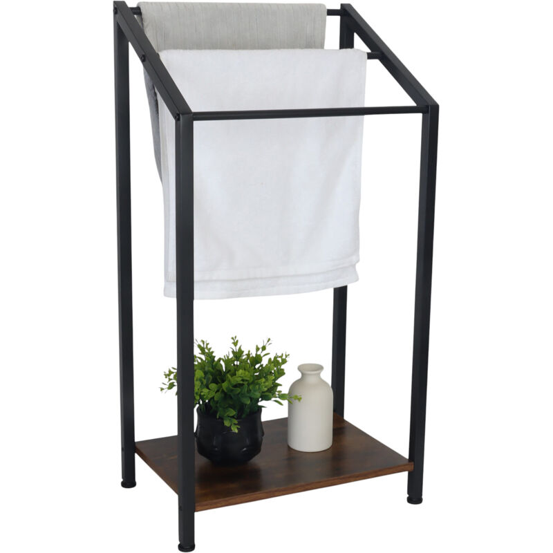 Porte-serviettes Relaxdays avec rangement, H x L x P : 80 x 43 x 28 cm, style industriel, 3 barres, sur pied, noir/braun
