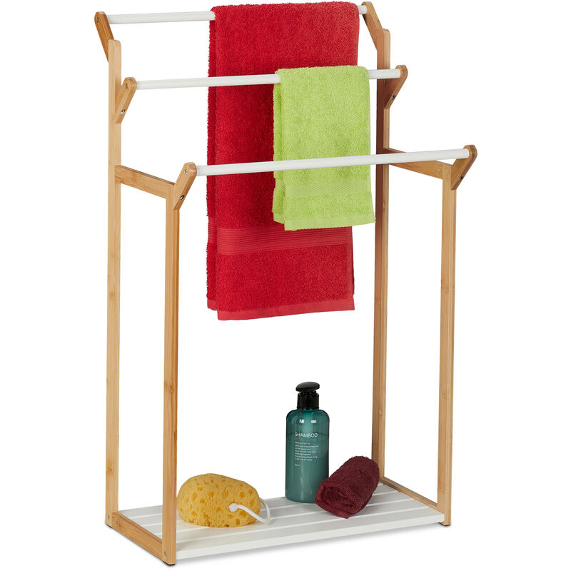 Relaxdays - Porte-serviettes avec surface de rangement, 3 barres, vêtements, HxLxP: 82 x 50 x 35 cm, bambou, nature-blanc