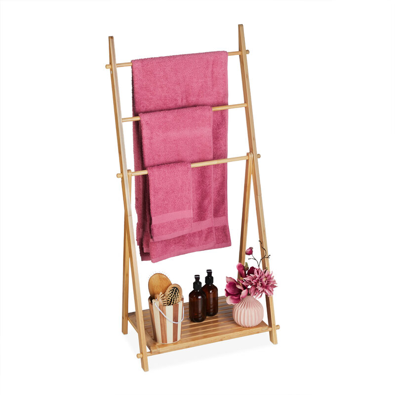Relaxdays - Porte-serviettes bambou, 3 barres, 1 étagère, HxLxP: 110x53x31,5 cm, pliable, échelle sèche-serviettes, nature