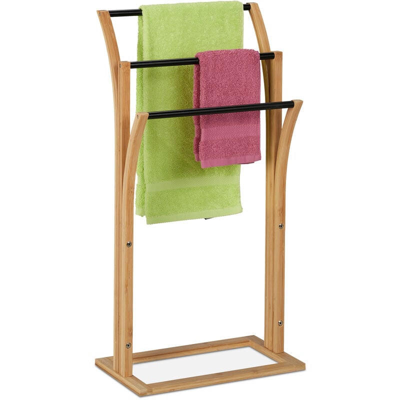 Porte-serviettes, bambou, 3 barres, h x l x p: 82 x 42 x 24 cm, support serviettes salle de bain, nature/noir - Relaxdays