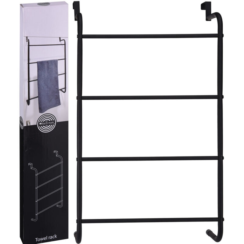 Porte-serviettes suspendu de porte 4 barres – Métal noir enduit de poudre – Dimensions 44,5 x 15,5 x 73 cm – Résistant à l'eau – Bathroom Solutions