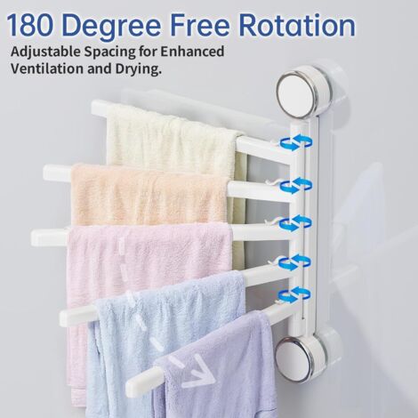 Porte-serviettes de salle de bain, 30 cm de long, sans perçage, avec ventouse et 5 bras rotatifs à 180°.
