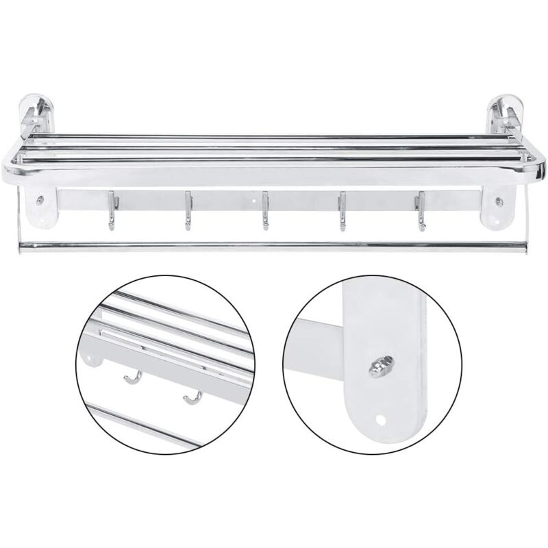 Ugreat - Porte-Serviette Support Salle de Bain Étagère Murale en Acier Inoxydable 304 Pliable avec 2 Couches de Rangement et 5 Crochets