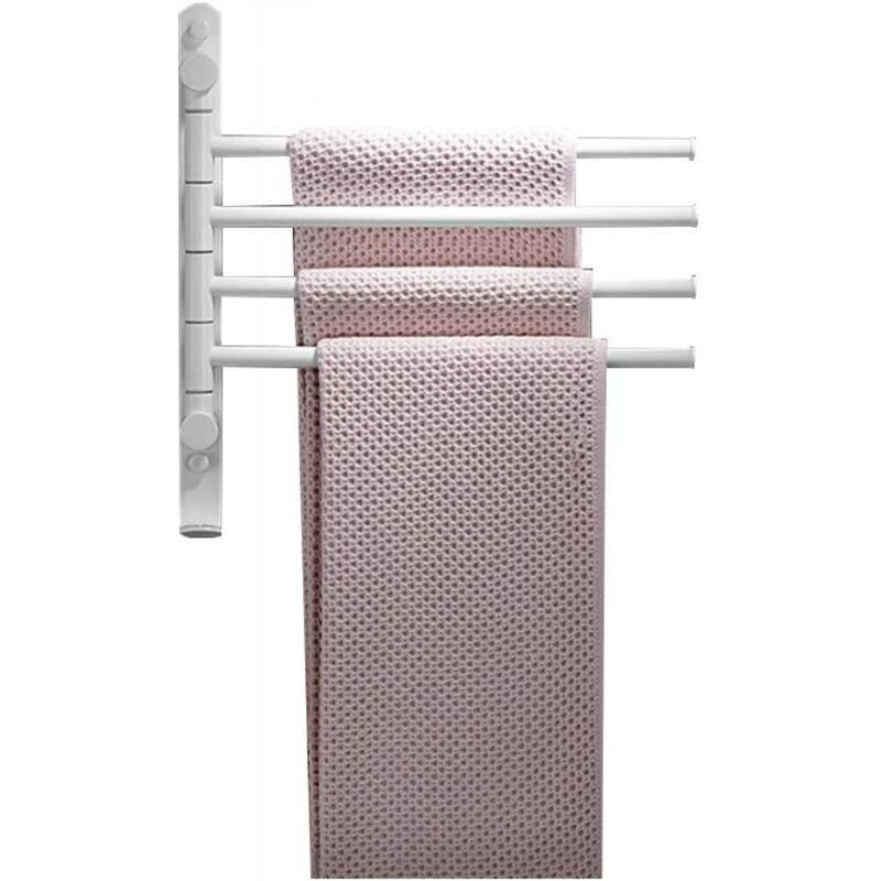 Porte-serviettes de salle de bain, barre porte-serviettes pivotante, porte-serviettes mural à quatre bras avec crochets, blanc