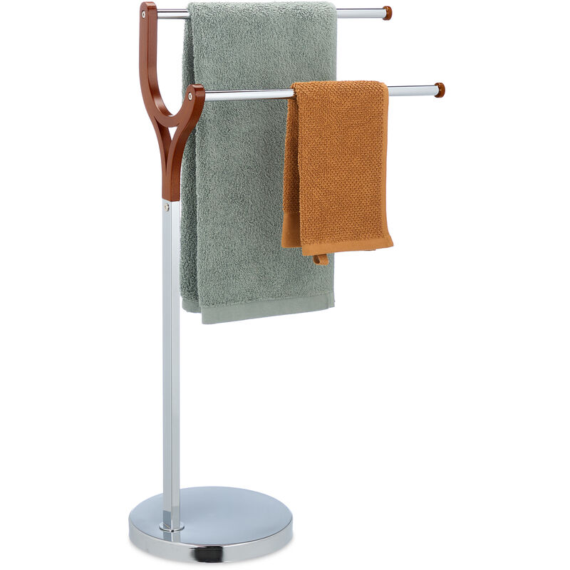 Relaxdays - Porte-serviettes non fixe, avec 2 barres, en acier et mdf, pour salle de bain ou cuisine, argenté et marron