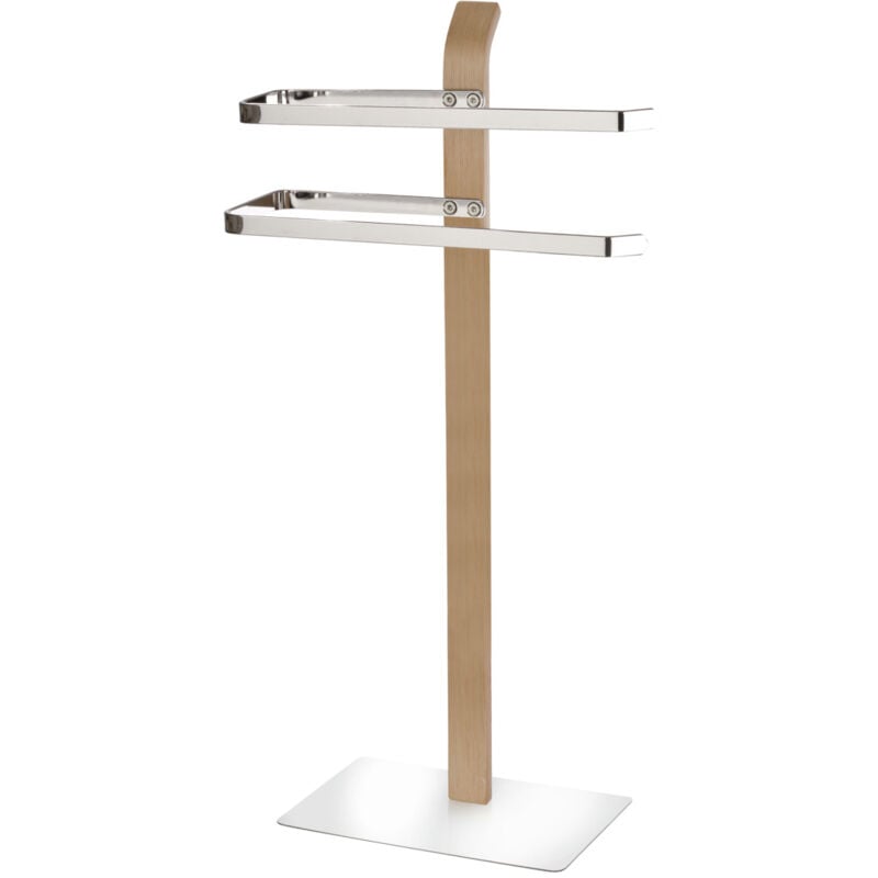 Wenko - Porte Serviette sur Pied Samona Nature 2 barres sèche serviettes, Base stable, Acier chromé et bois Strat, 40,5x79,5x21,5 cm, Argent brillant
