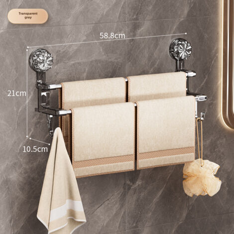 Porte-serviettes double barre à ventouses gris, pour serviettes sèches et humides, avec crochet, rangement de salle de bain léger et luxueux, sans perçage