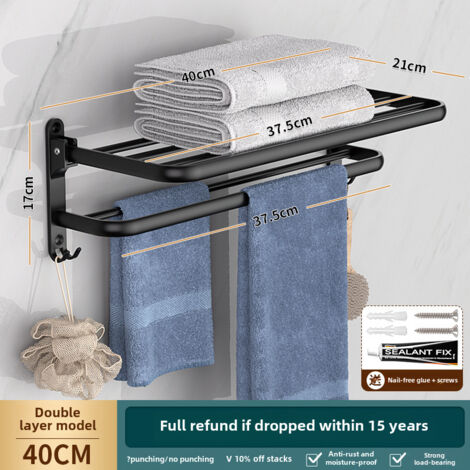 Porte-serviettes double couche noir de luxe, 40 cm, sans perçage, pliable, en aluminium spatial