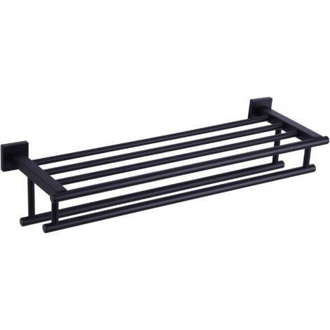 Porte-serviettes double, porte-serviettes tour avec doubles barres porte-serviettes, porte-serviettes en acier inoxydable, noir, 50 cm
