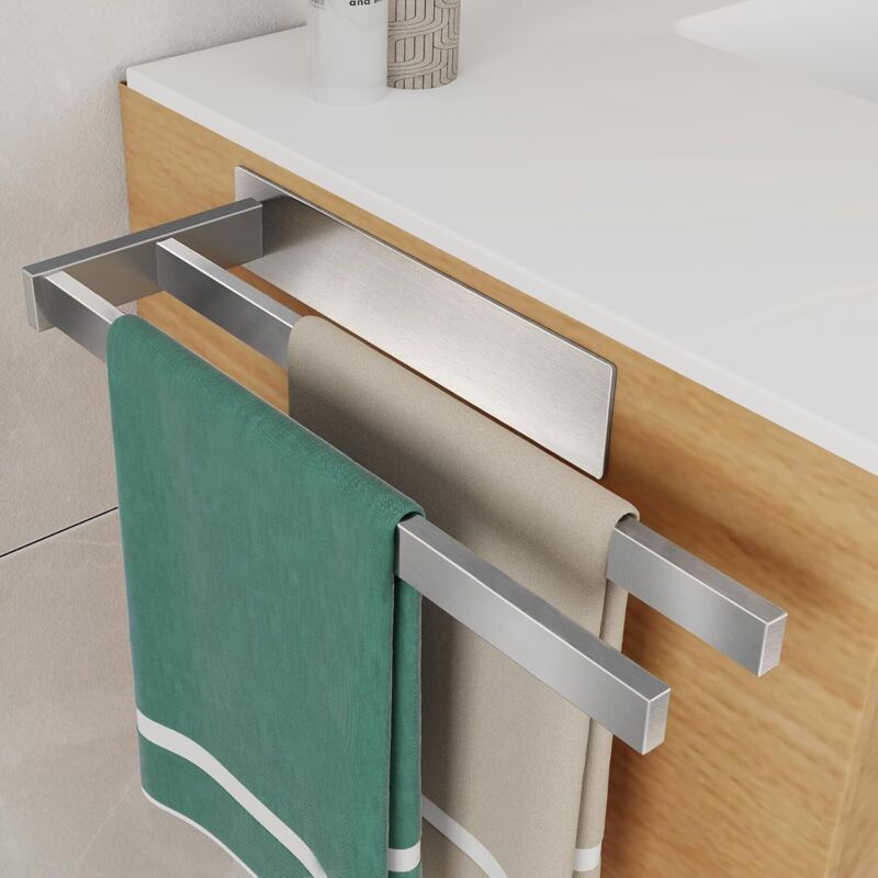 Porte-serviettes double sans perçage - Porte-serviettes mural en acier inoxydable brossé argenté - Porte-serviettes d'invités sans perçage - Barre