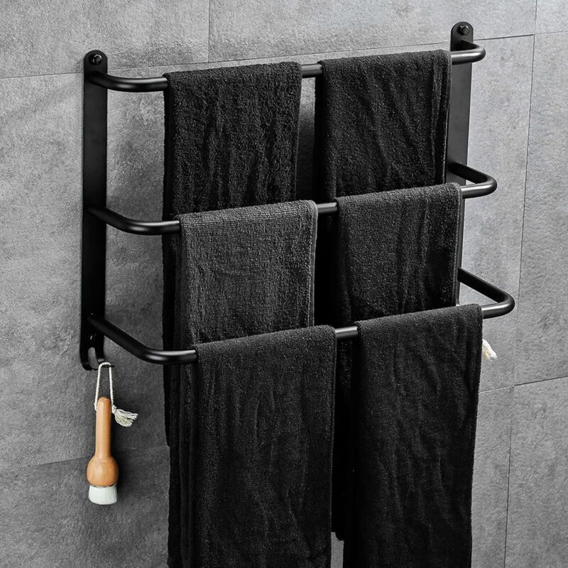 Heytea - Porte-Serviettes en Acier Inoxydable à 3 Niveaux sans perage pour Porte-Serviettes pour Salle de Bain Cuisine et Toilettes Noir