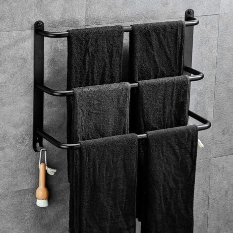 HEYTEA Porte-Serviettes en Acier Inoxydable à 3 Niveaux sans perage pour Porte-Serviettes pour Salle de Bain Cuisine et Toilettes Noir