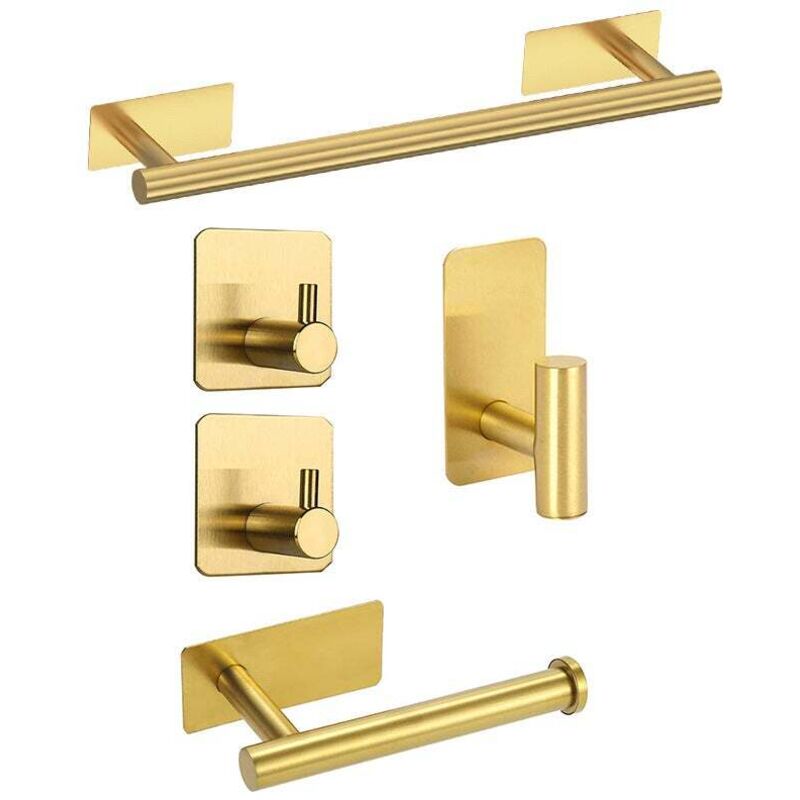 Porte-serviettes en acier inoxydable, barre à serviettes de salle de bain, ensemble de suspension de salle de bain 5 pcs, aucun trou nécessaire, doré