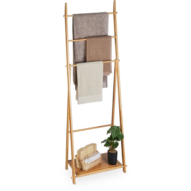 Porte-serviettes en bambou, 4 barres, 1 étagère, HxLxP : 153 x 53,5 x 30 cm, non fixe, salle de bain, nature - Relaxdays